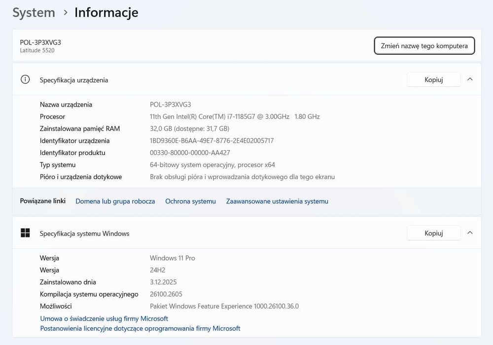 Laptop DELL Latitude 5520, Intel i7, 32 RAM, dysk SSD 512, Office 2019