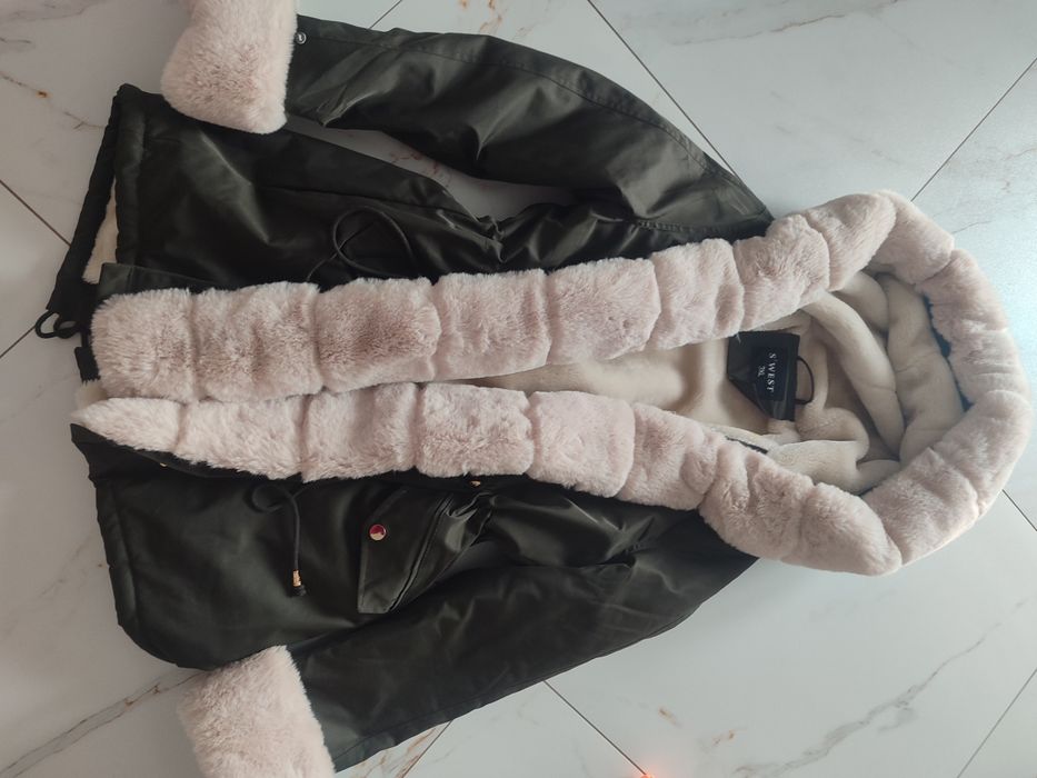 Piękna kurtka parka khaki ocieplana misiem L XL