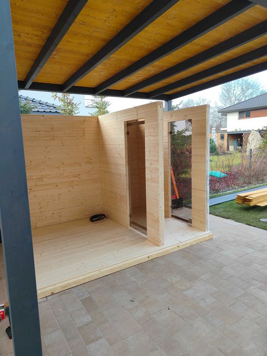 sauna sucha fińska | ogrodowa, z przedsionkiem, domkiem narzędziowym