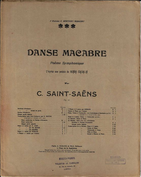 PIANO: Partitura Histórica da "Danse Macabre", de Saint-Saëns - Ed. Durand / Carimbo Valentim de Carvalho