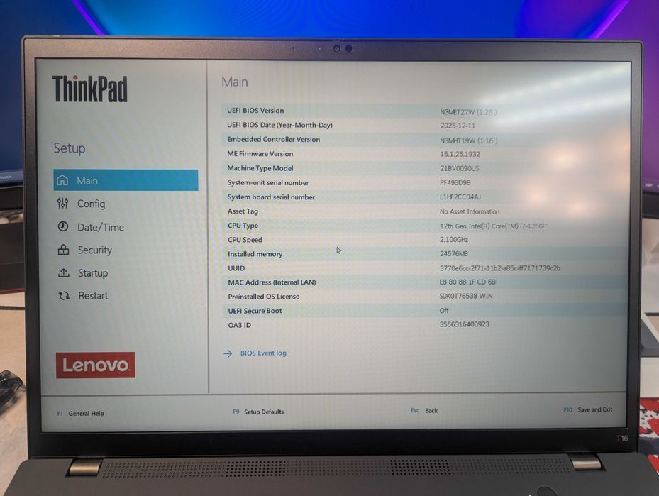 Lenovo ThinkPad T16 Gen 1 \16 (WUXGA 1920 x 1200) \Intel i7 1260P \24 GB DDR4 \512 GB \Відмінний стан