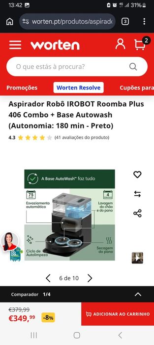 Aspirador Robô IROBOT Roomba Plus 406 Combo + Base Autowash (Autonomia