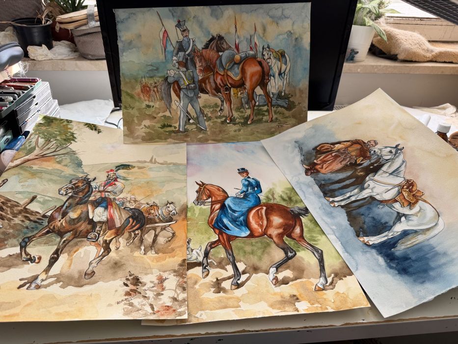 Obrazy akwarelowe na podstawie szkicu Juliusza Kossaka zestaw 4