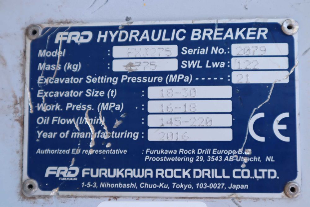 Furukawa FXJ275 1775 kg 18–30 t Martelo Hidráulico