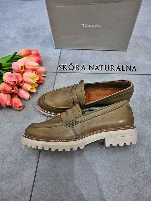 Skórzane loafersy Tamaris 40 sage zielone oliwkowe mokasyny chunky sole skóra półbuty