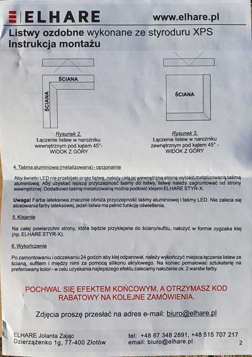 Ozdobne listwy sufitowe/ścienne Styrodur XPS ELHARE 8 metrów