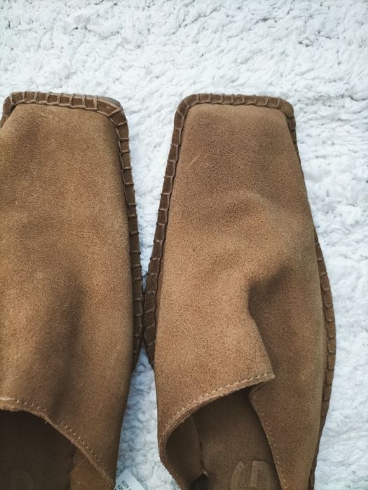 Unikatowe klapki mule skórzane musztardowe mango premium