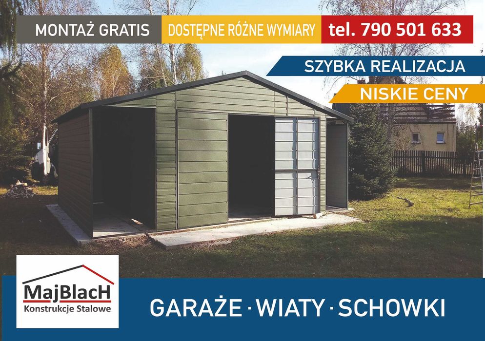 Zielony Garaż Blaszany z zadaszeniem Wiata Garaże Blaszane - Maj-Blach