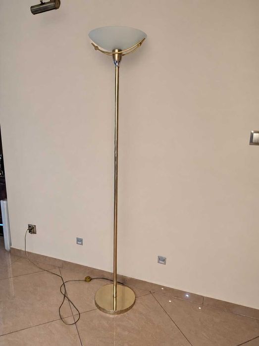 Lampa stojąca podłogowa 180 cm, złota, szklany klosz, stan bdb