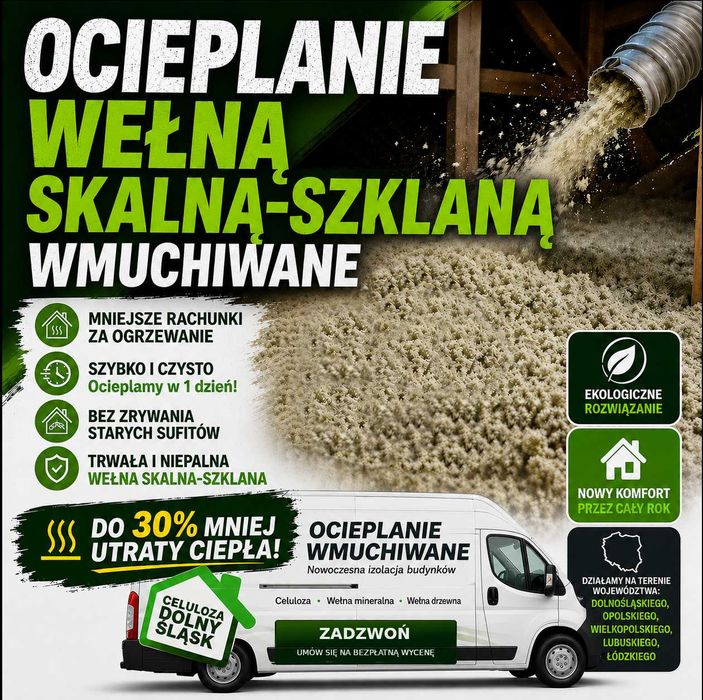 Ocieplanie wełną skalną mineralną wdmuchiwaną, izolacja poddasza, dmuchanie skalną szklaną, termoizolacja domu, naprawa ocieplenia, jak celulozą