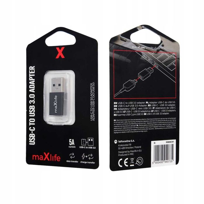 Maxlife Adapter USB 3.0 wtyk - USB Typ C gniazdo Czarny
