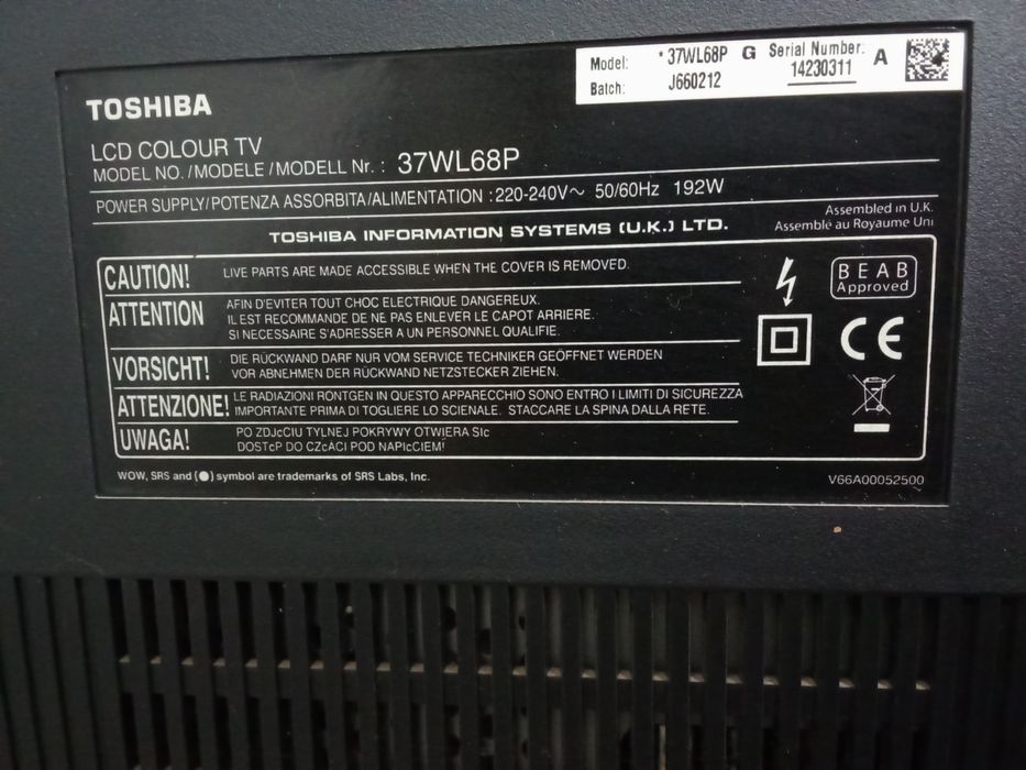 Toshiba LCD Colour TV 37WL68P

LCD COLO