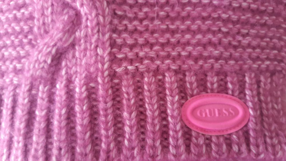 GUESS komplet: czapka beanie i szalik, z wełną -pink-piękny