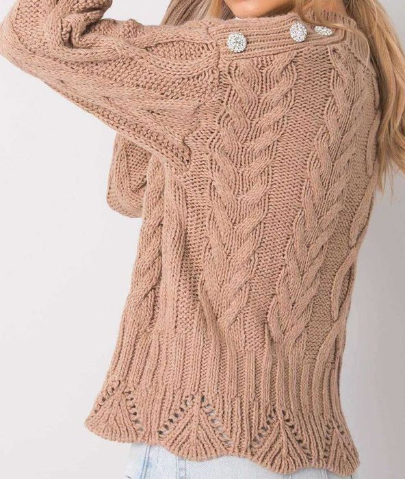 Beżowy sweter z warkoczami, wykończenie ażurowe, one size, nowy