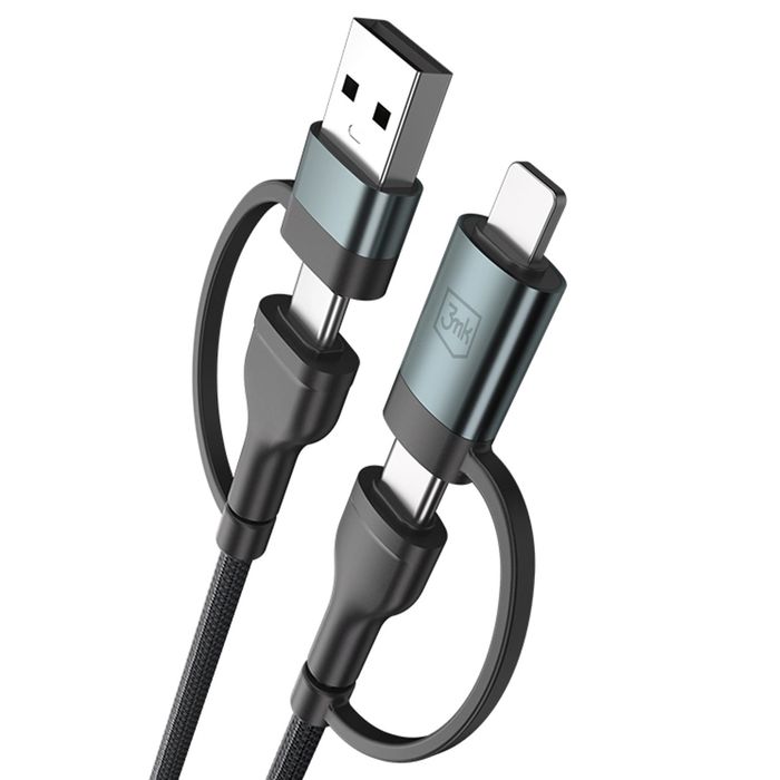 Kabel 3mk Hyper Cable N-SERIES 2 in 2 USB-A / USB-C i USB-C / Lightning 1.2m QC 3.0 9V/2A 60W - czarny