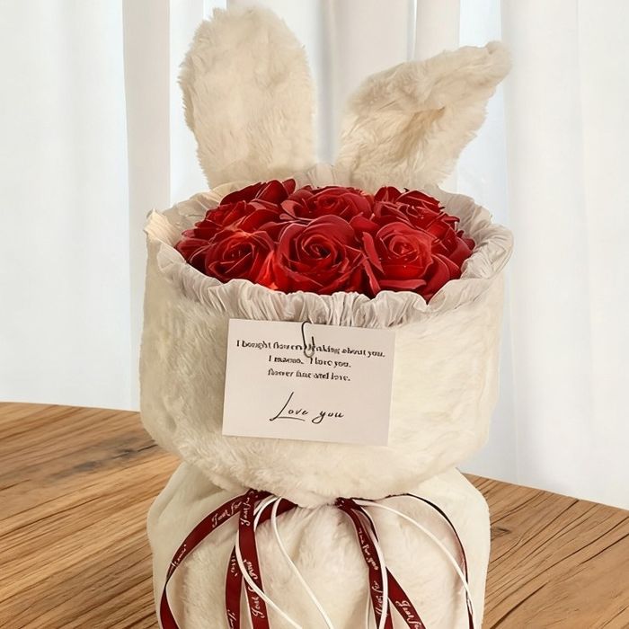 1 Букет Штучних Квітів "Довгошерстий Кролик-Троянда", Подарунок на Ден