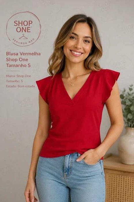 Blusa Vermelha Shop One com Decote em V e Mangas de Folhos Tamanho S
