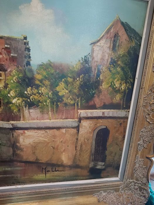 Stary, duży  obraz na płótnie w pięknej pałacowej ramie