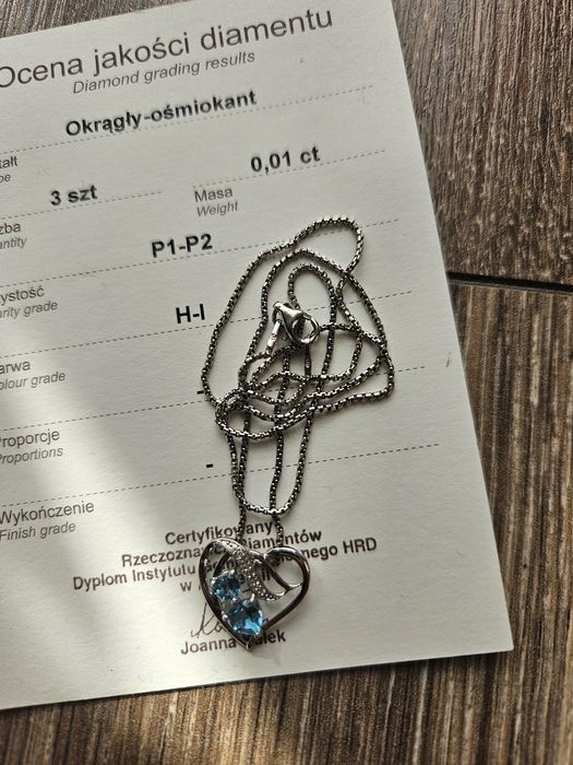 Łańcuszek i zawiezzka z diamentem białe złoto serce