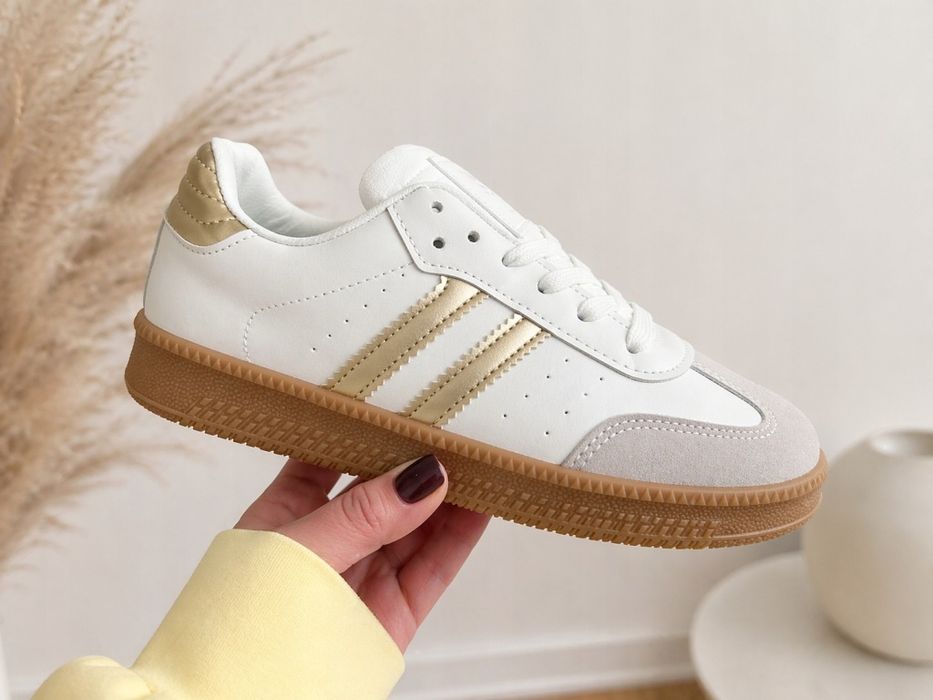 Sneakersy damskie na grubej podeszwie Białe złote dodatki 38