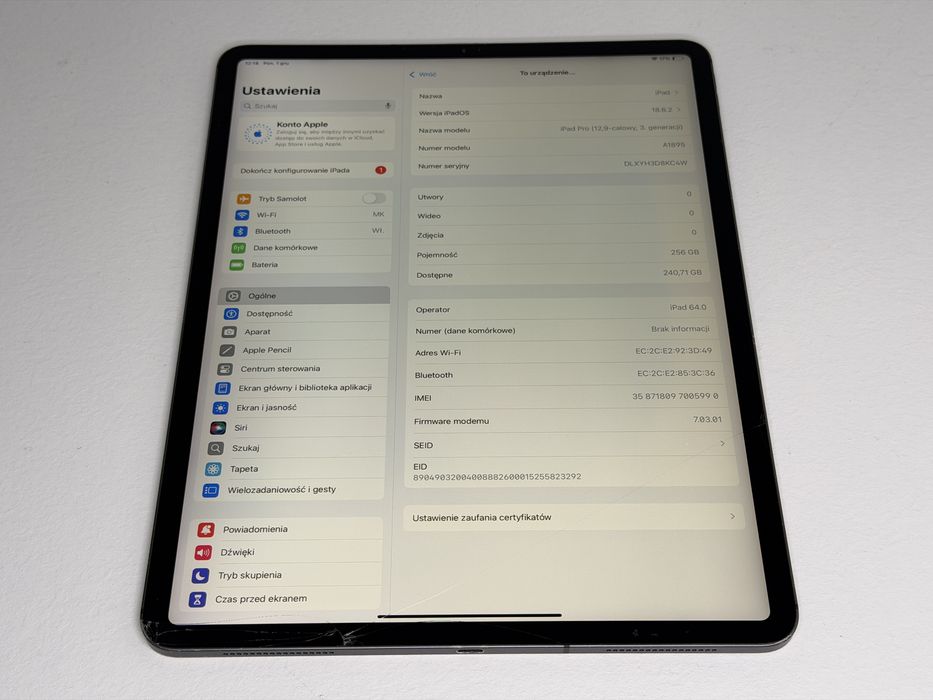 iPad Pro 12.9 3. gen. (A1895) - 256GB - pęknięty - faktura VAT 23%