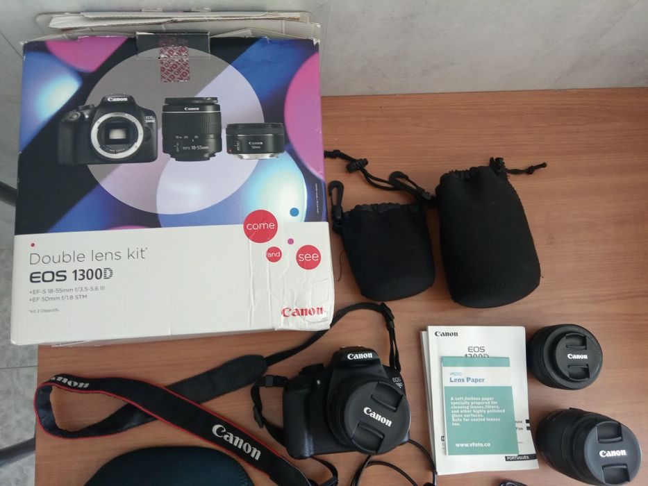 Câmara Fotográfica Canon 1300D + lentes 18-55 e 50mm + acessórios