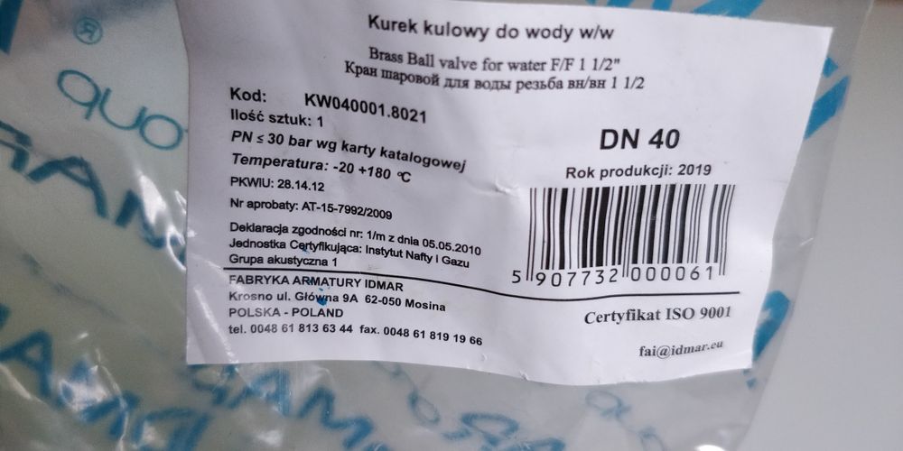 Zawór Kurek kulowy do wody DN40 Idmar