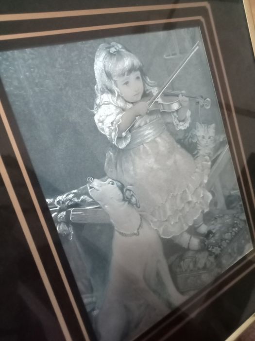 Obraz obrazek grafika dziewczynka ze skrzypcami, kotem i psem