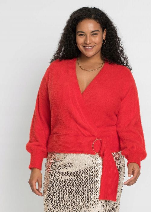 B.P.C czerwony krótki kopertowy sweter włochaty 48/50.