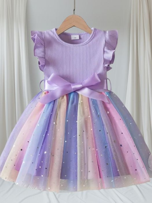 Nowa sukienka 110 fioletowa z tęczowym tiulem tutu