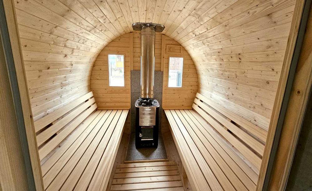 Sauna ogrodowa Beczka 250cm, Ławy + Oparcia Abachi, Szybka Realizacja