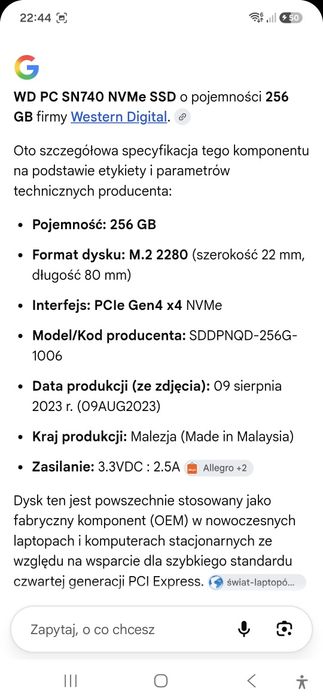 Dysk SSD M2 Nvme 256GB gen.4 WD SN740 (2)