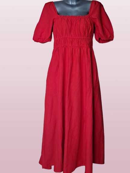 Nowa Lniana Sukienka New Look 42/XL Czerwona Maxi Hiszpanka