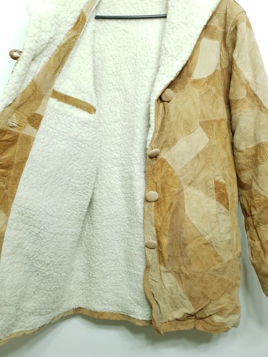 Płaszcz skórzany patchwork na kożuchu S
