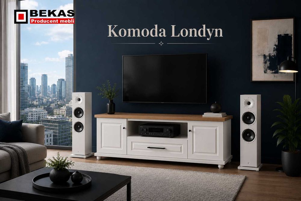 KOMODA RTV LONDYN 150` Biały Dąb + Naturalny BLAT KOLORy RAL BEKAS Producent