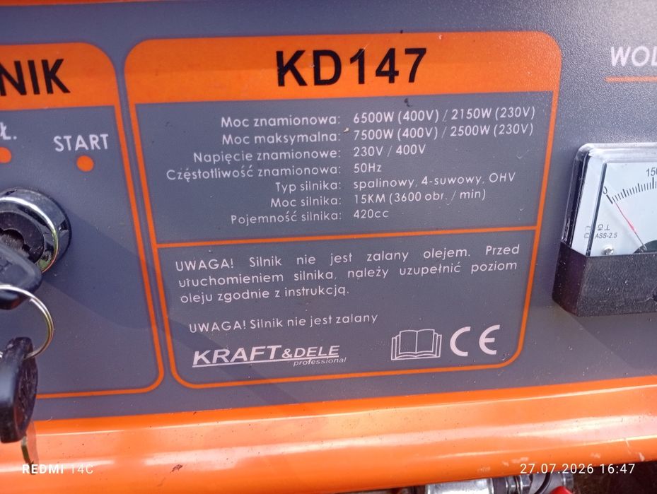 Agregat prądotwórczy Kraft & Dele 7500W niesprawny