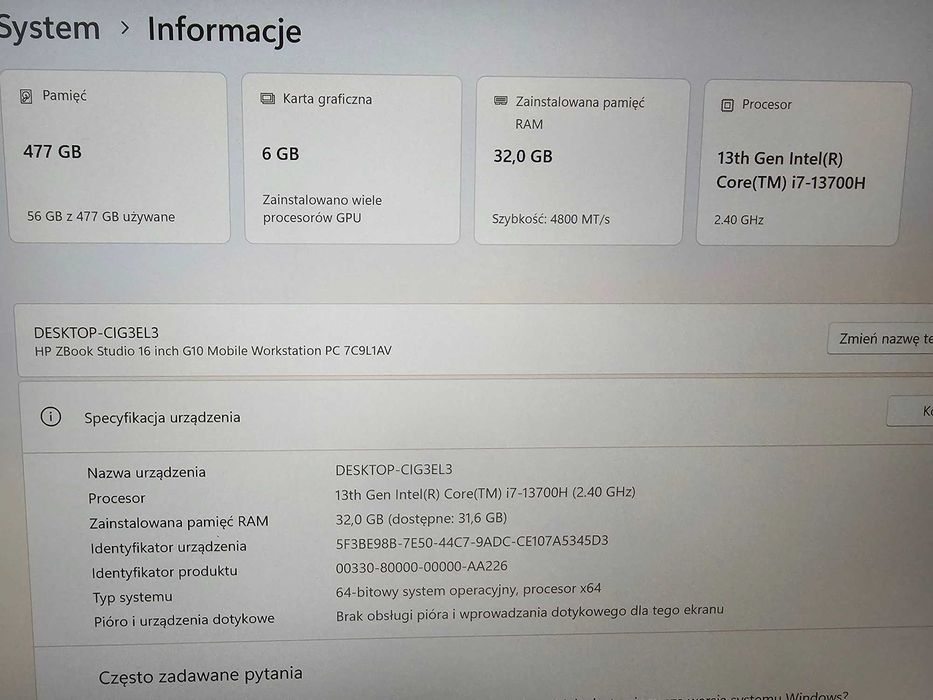 Laptop HP ZBook Studio G10 16/ i7-13800H/32 GB/512 GB/RTX A1000/4K