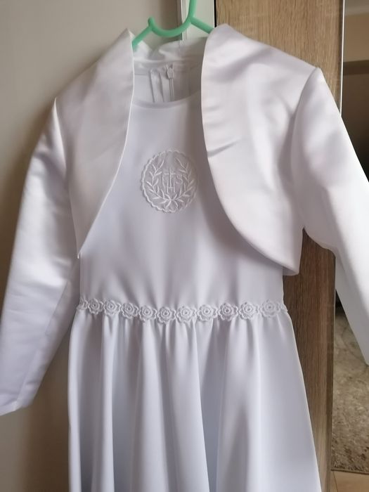 Sukienka alba komunijna rozm. 137-140 i bolerko, torebka i koszyczek