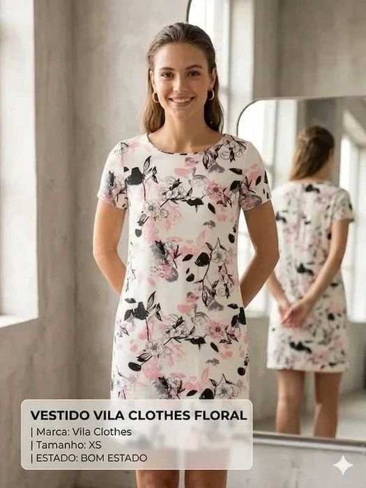 Vestido Curto Vila Clothes Floral – Branco, Rosa e Preto (Tam. XS)