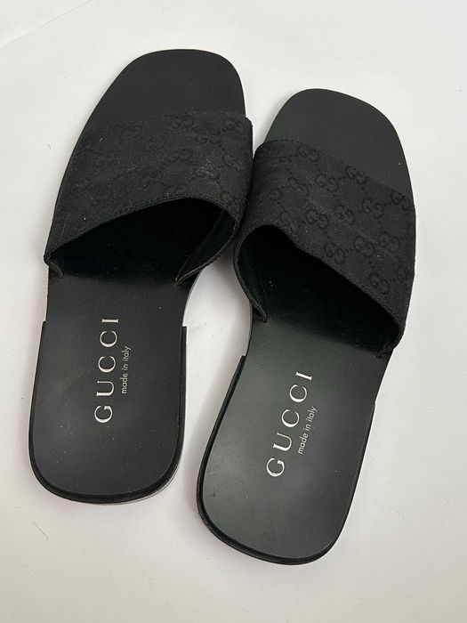 Шлепки Gucci GG Monogram Black Canvas Leather Sandals Sliders Flip Flops