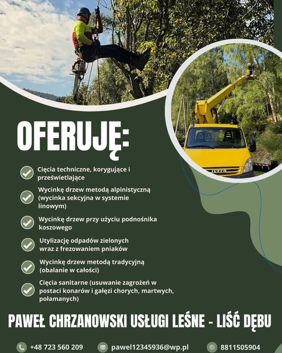 Wycinka drzew•pielęgnacja zieleni•transport wywrotką do 3,5t•rębak