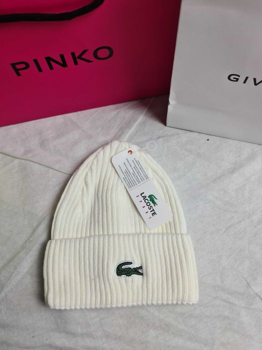 Czapka czapki zimowe męskie damskie Lacoste biała premium