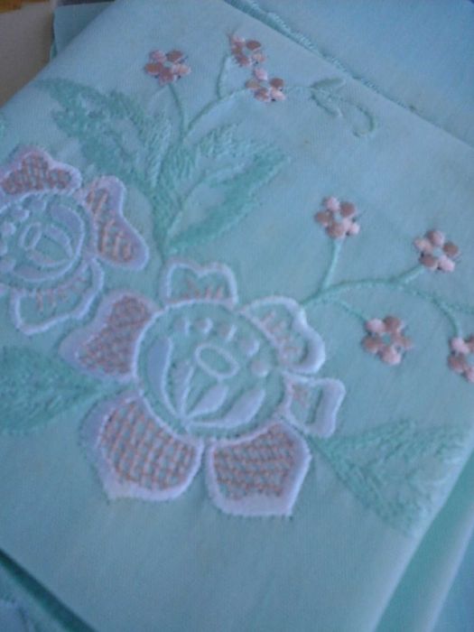 LENÇÓIS de LINHO Bordados, Cama Solteiro, VERDE Marinho Claro- NOVOS!