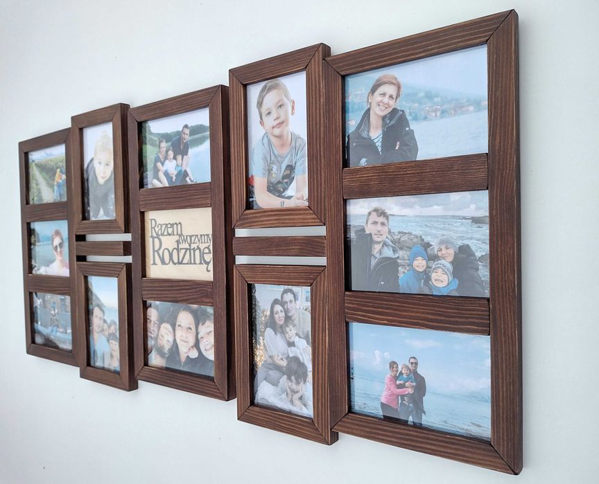 Drewniana Multirama Ramka na 12 zdjęć 10x15 cm Galeria ścienna ORZECH