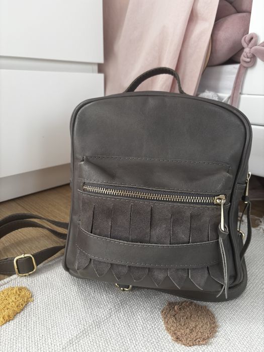 Plecak Zuzia Górska Mini BackPack, handmade, skóra naturalna, szary