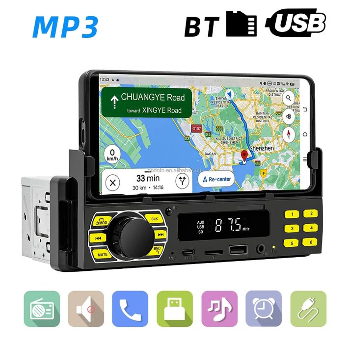 Rádio 1din MP3 Bluetooth FM SD AUX FM com base para telemóvel NOVO