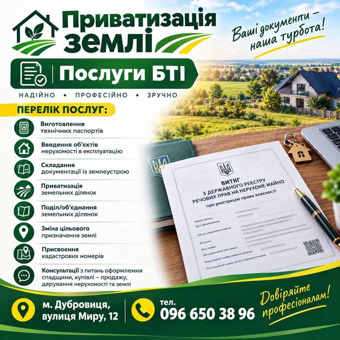 Приватизація землі. Послуги БТІ.