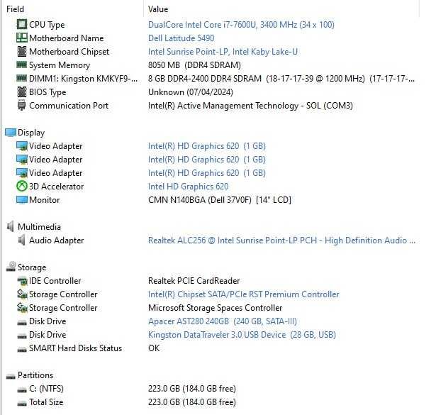 Ноутбук Dell Latitude 5490 14" Core i7 до 3.9 Ghz/8GB/240GB