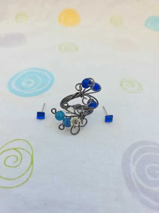 Conjunto / lote anel + brincos azuis prateado