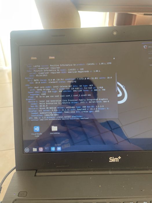 Portatil Celeron 847 4GB, só funciona carregando, teclado PT-BR